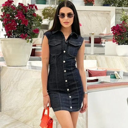 Turn Down Collar Sleeveless Denim Dress Single Breasted Short Dress For Women 2025 New Tight Navy Blue Summer Dresses Vestidos