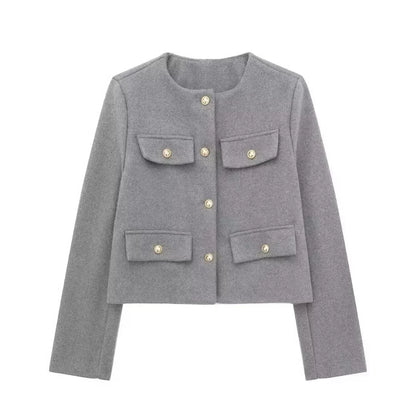 Elegant Solid Button Fake Pocket Jacket Women's Fashion O-neck Long Sleeve Single Breasted Cropped Coats New Lady Chic Outerwear