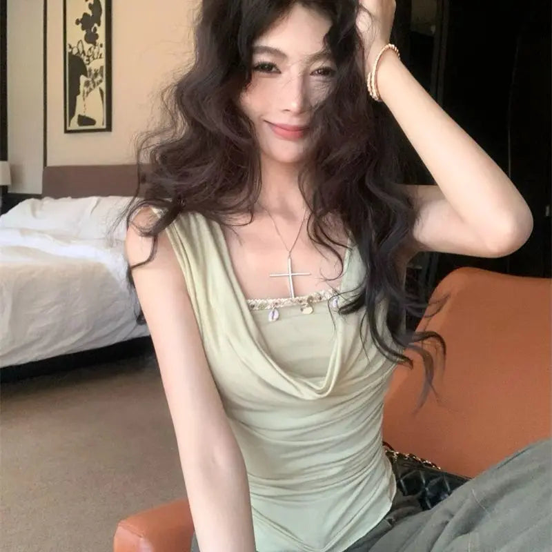 Summer Cropped Corset Top Draped Neck Two Tone Sleeveless Built-in Layered Shirt Women Soft Sexy