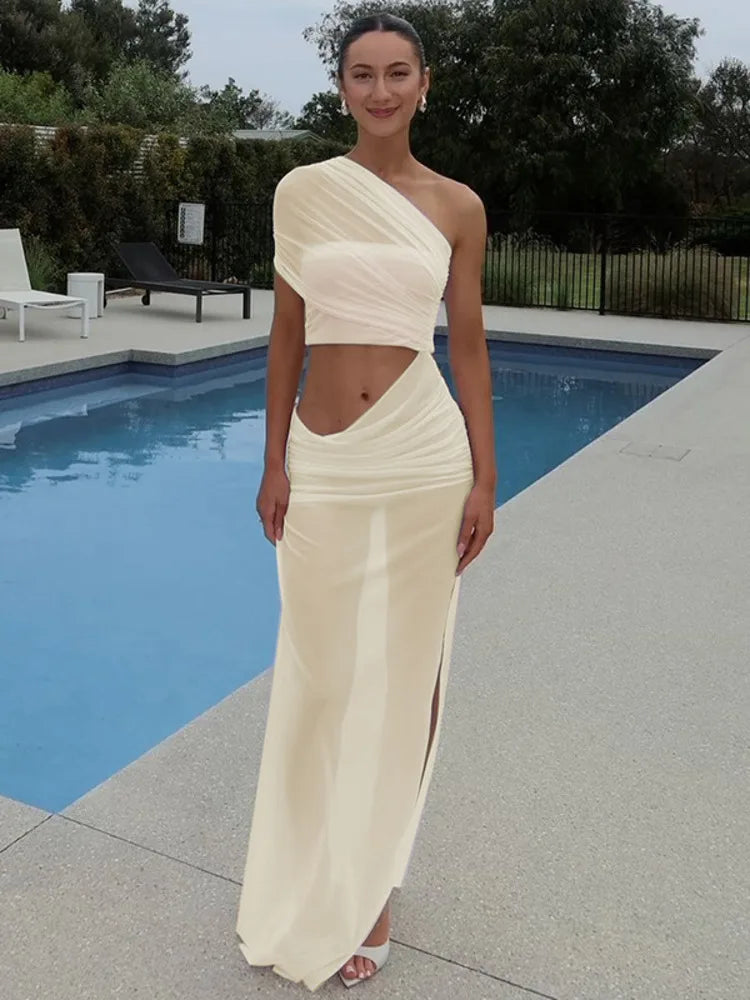 One Shoulder Mesh Draped Crop Top High Slit Maxi Skirt Set