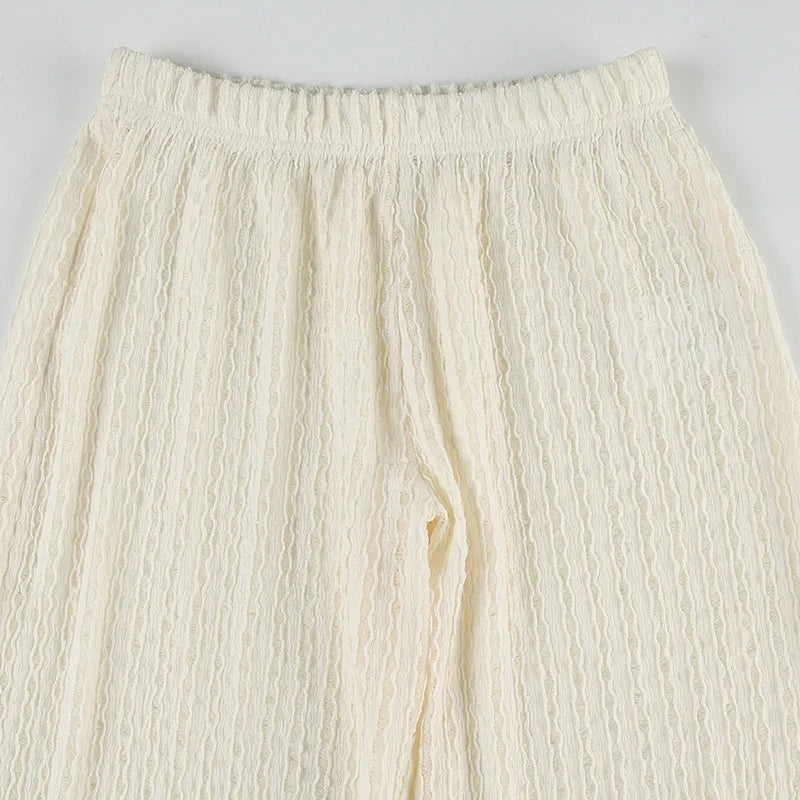 Women Stylish Fabric Texture Beach Knitted Pants Summer Chic Fashion Straight Trousers Holiday Style Minimalist Pants
