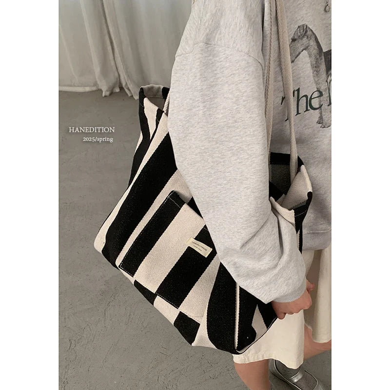 Checkered Canvas Bag for Women Korean Tote Casual Large Capacity Student Shopping Bags