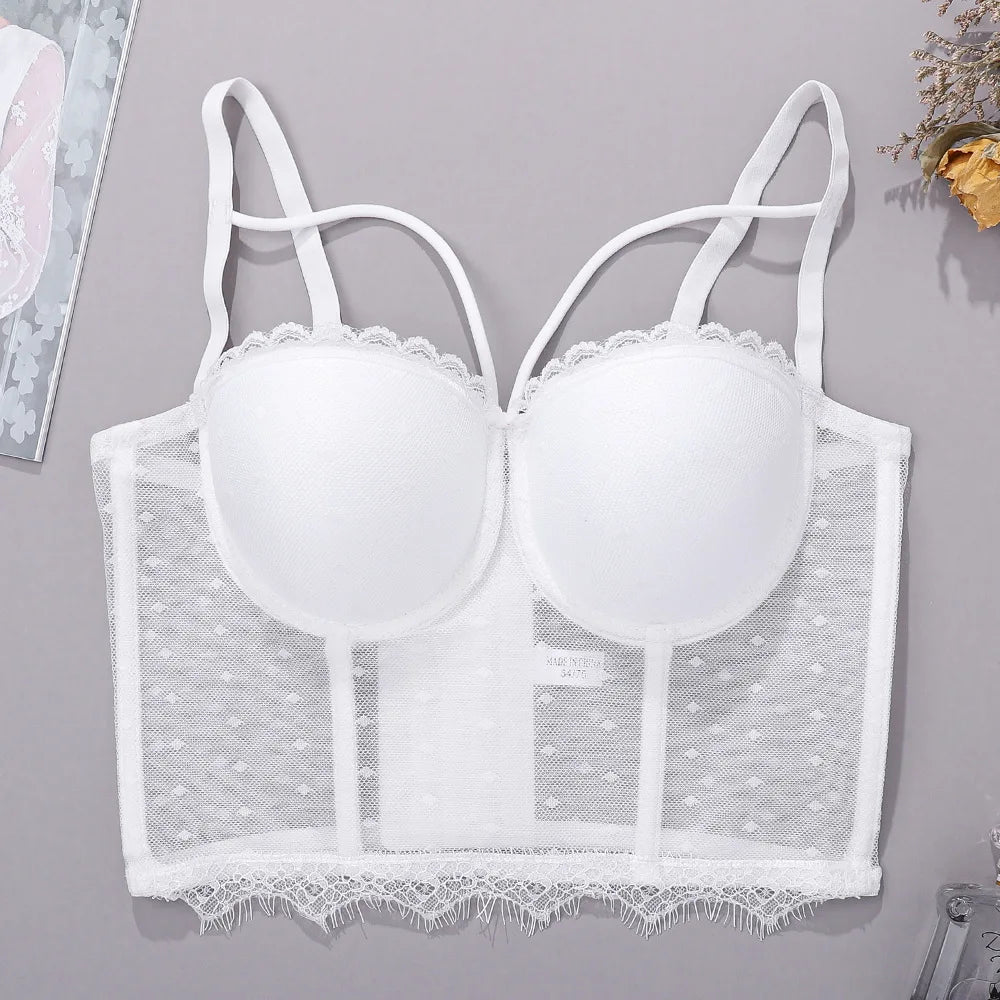 Summer New Women Mesh Lace Feather Camisole Bustier Bra Cropped Tops Beading Fishnet Hot Diamond Sexy Sleeveless Vest Slim