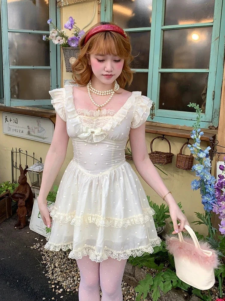 Summer New Original Sweet Girl Vacation Short Dress Fresh High Waist Bow Slimming Lace Small Fly Sleeve Party Dresses