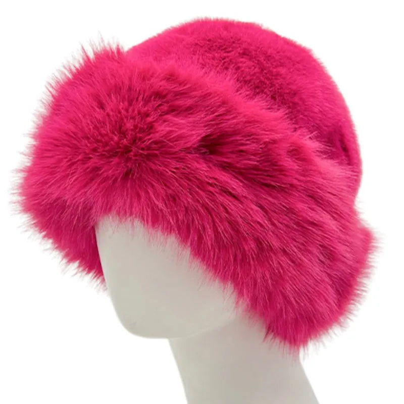 Winter Faux Fox Fur Bucket Hats For Women Soft Thickened Plush Fisherman Hat Outdoor Windproof Warm Beanies Caps Ski Panama Cap