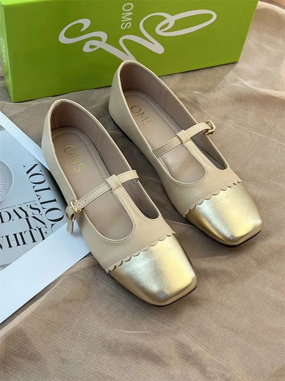 T-strap Mary Janes Shoes for Women Pu Leather Ptachwork Elegant Flats Shoes Spring Autumn Square Toe Loafers Female Shoes
