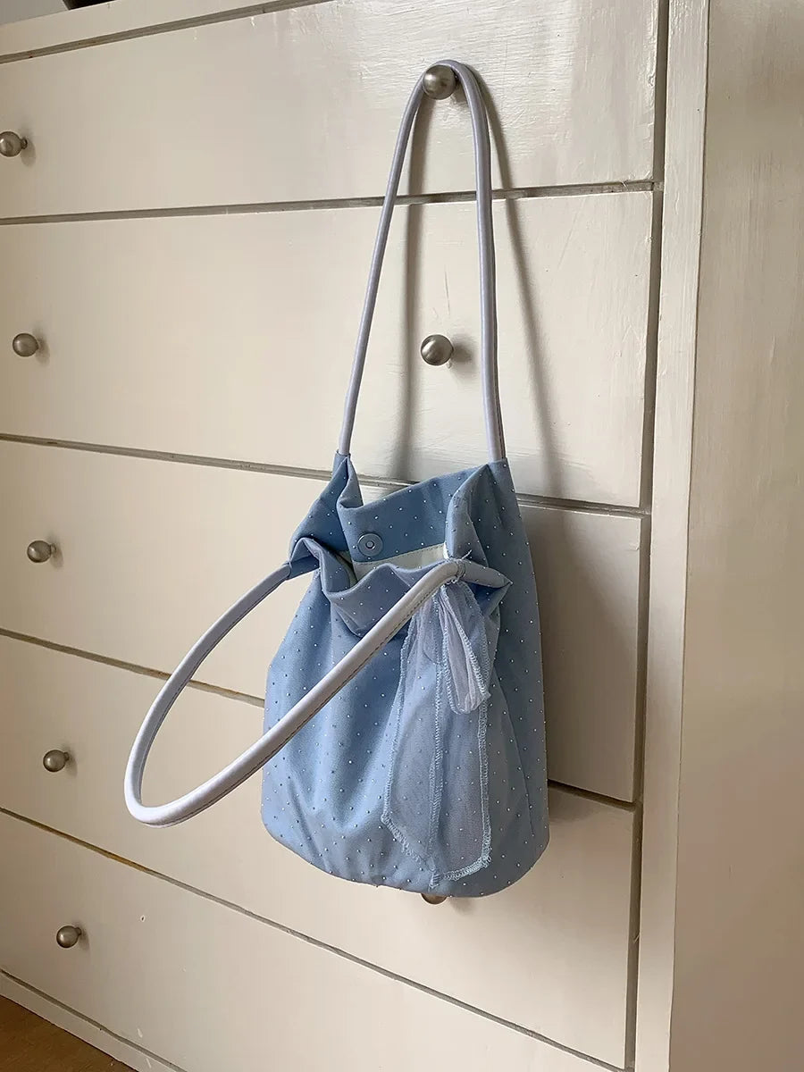 Sweet Girl Shoulder Bag Women's Korean Diamond Handbags New Summer Nylon Bow Tote Bags