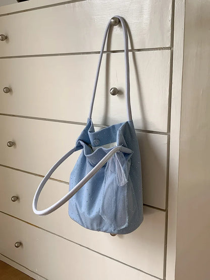Sweet Girl Shoulder Bag Women's Korean Diamond Handbags New Summer Nylon Bow Tote Bags