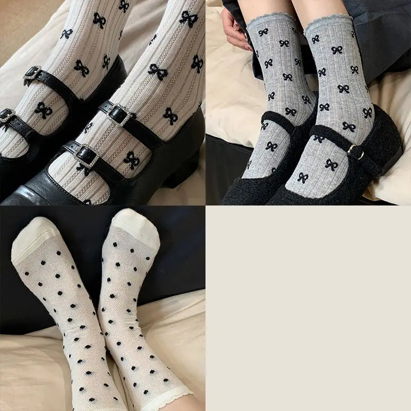 Summer Thin Bow Dot Lace Mid Tube Socks Versatile Mesh Hollow College Style Sweet Stacked Socks Japanese JK Calf Socks for Women