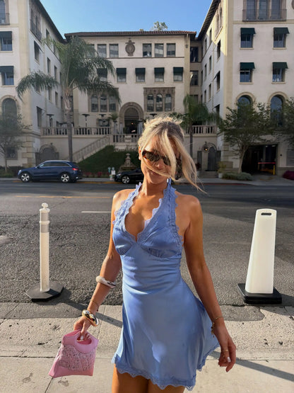 Women Sexy Backless Lace Trim Halter Satin Dress Chic Deep V Neck Flared A-Line Cocktail Mini Gown Summer Beach Vacation Wear