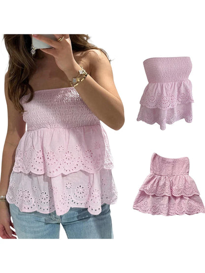 Women s Stylish Off-Shoulder Crop Tops with Ruffle Trim and Smocked Waistband for Casual Summer Outfits