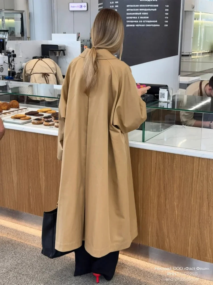 Women Khaki Lapel Long Windbreaker Fashion Single Breasted Full Sleeve Causal Jacket New Autumn Lady High Street Outerwear