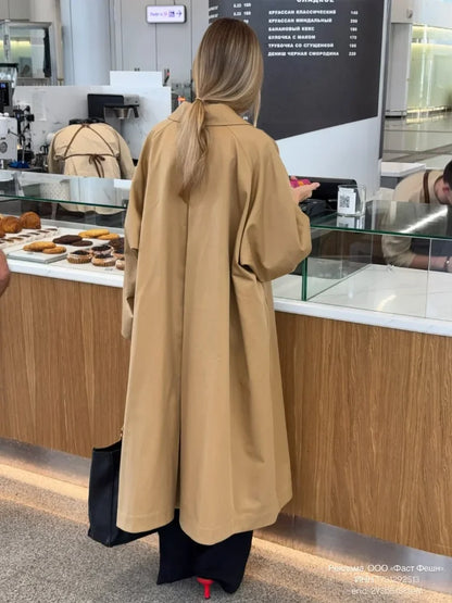 Women Khaki Lapel Long Windbreaker Fashion Single Breasted Full Sleeve Causal Jacket New Autumn Lady High Street Outerwear