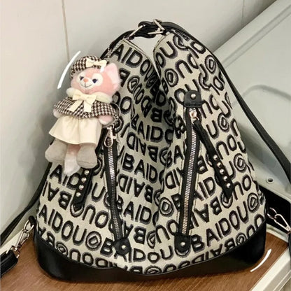 Letter Drawstring Bucket Fashionable Casual Multifunctional Tote Bag Woman Large Capacity Commuter Handbag Ladies Shoulder Bag