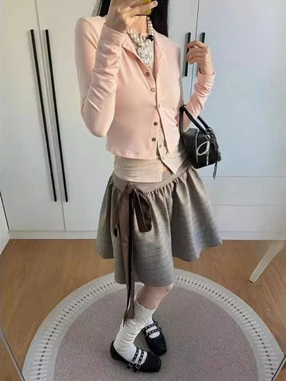 Fake Two Pieces Y2k Aesthetic Casual Cardigan Streetwear Vintage Single Breasted Grunge Tops Spring Harajuku Slim Fit Clothing