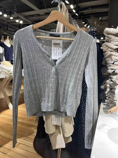 Hollow Out Solid Knitted Tops Women Spring Sexy V Neck Cotton Long Sleeve T-shirt Female Vintage Simple Cute Crop Top Chic