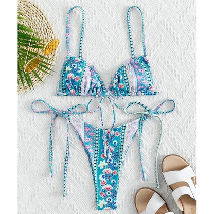 New Floral Print String Bandage Bikinis Triangle Cup Push Up Swimsuit Women Bathing Suit Beachwear Halter Swimwear XS