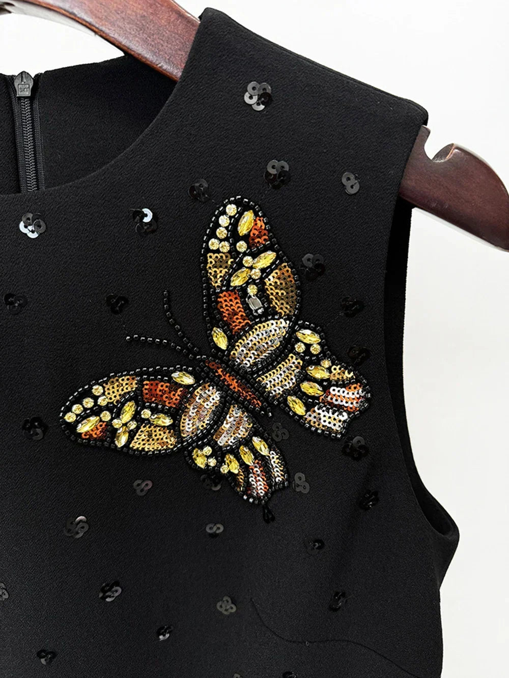 Crew Neck Butterfly Beaded Embellished Box Pleat Mini Dress