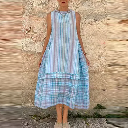 Vintage Striped Sleeveless Vacation A line Dresses Women's Elegant Printing Loose Fashionable Pullover Beach Dress For Women New
