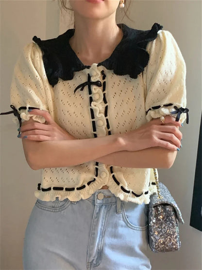 Retro Sweet Sweaters Women Elegant Chic Slim Summer New 2024 Full Sleeve Fashion Gentle Knitted Office Lady Coats
