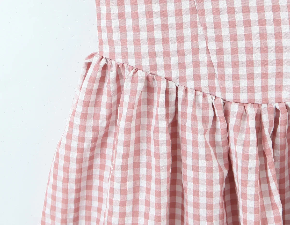 Casual Short Plaid Dresses For Women Vintage Puff Sleeve V Neck A-line Mini Vacation Dress 2026 Summer Robe