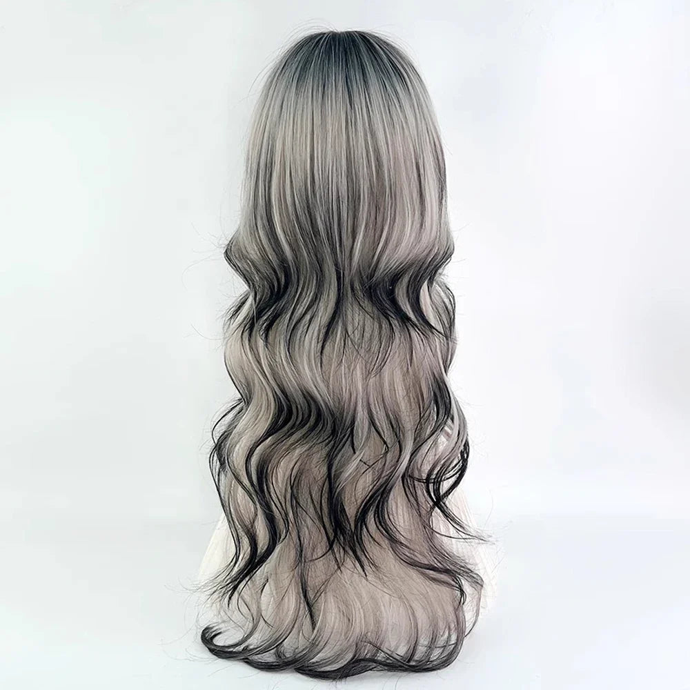 Black Ombre Beige long Synthetic Wavy Wig with Bangs Fluffy Lolita Cosplay Heat Resistant Wig for Daily Party