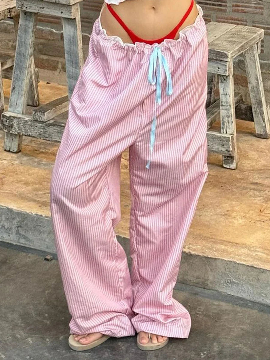 New Fashion Women Loose Pants Stripe Drawstring Elastic Waist Trousers Spring Summer Casual Sweatpants Hot Sale S M L