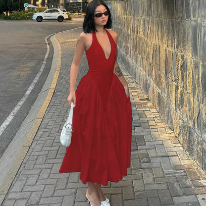 Sexy Deep V Hollow Halterneck Large Hem Dress For Women Solid High Waisted Backless Splice Summer New Vacation Long Dress