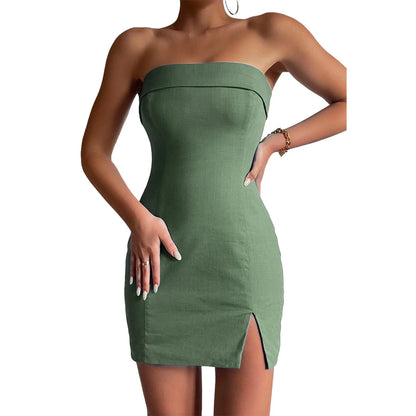Women Sleeveless Mini Dress Skinny Strapless Slim Dress Side Split Sexy Sheath Dress Solid Color Evening Party Dress