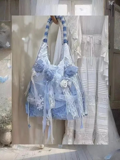 Blue Retro Satin Tie Dye Rose Pleated Shoulder Bag with Lace Fashion Women Chic Underarm Handbag