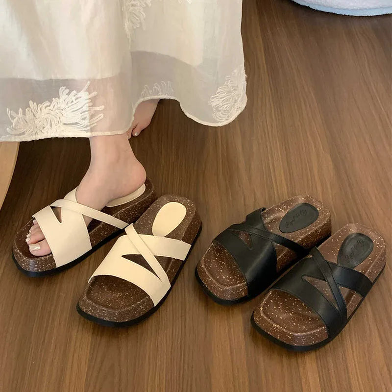 Flat Shoes Female Med Ladies' Slippers Slipers Women Platform 2024 Beach Soft Rome Rubber Fabric Slides Retro Casual PU Scandal