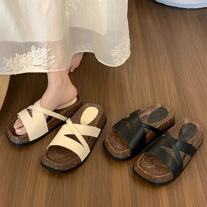 Flat Shoes Female Med Ladies' Slippers Slipers Women Platform 2024 Beach Soft Rome Rubber Fabric Slides Retro Casual PU Scandal