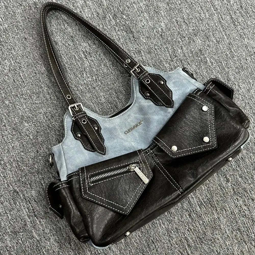 Women's Fashion PU Leather Shoulder Bag Large Capacity Crossed Color Cowboy Backpack Multifunctional Underarm Bag Casual Outing