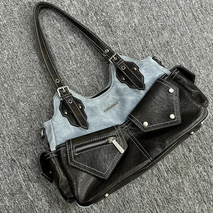 Women's Fashion PU Leather Shoulder Bag Large Capacity Crossed Color Cowboy Backpack Multifunctional Underarm Bag Casual Outing