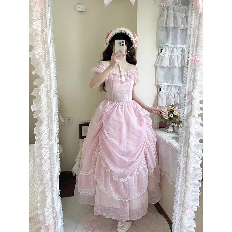 Gentle Pink Puff Sleeve Op Dress Floral Wedding Lolita Waist Slimming Bow Tail