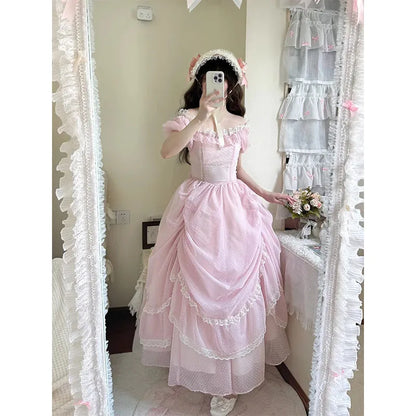 Gentle Pink Puff Sleeve Op Dress Floral Wedding Lolita Waist Slimming Bow Tail