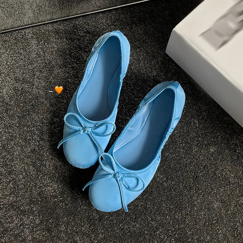 Woman Flats Satin Basic Style Round Toe Ballet Shoes Slip On Woman Soft Flats Spring Autumn Daily Bowtie Loafers