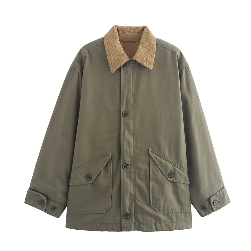 Casual Panelled Pockets Jackets Women Casual Patchwork Lapel Long Sleeves Single Breasted Coat Autumn Lady Loose Outfits
