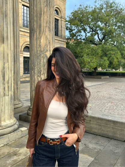 Retro Solid Stand Up Collar Women's Leather Jacket Slim Fit Long Sleeved Zipper Motorcycle Coats Chic High Street Lady Outerwear