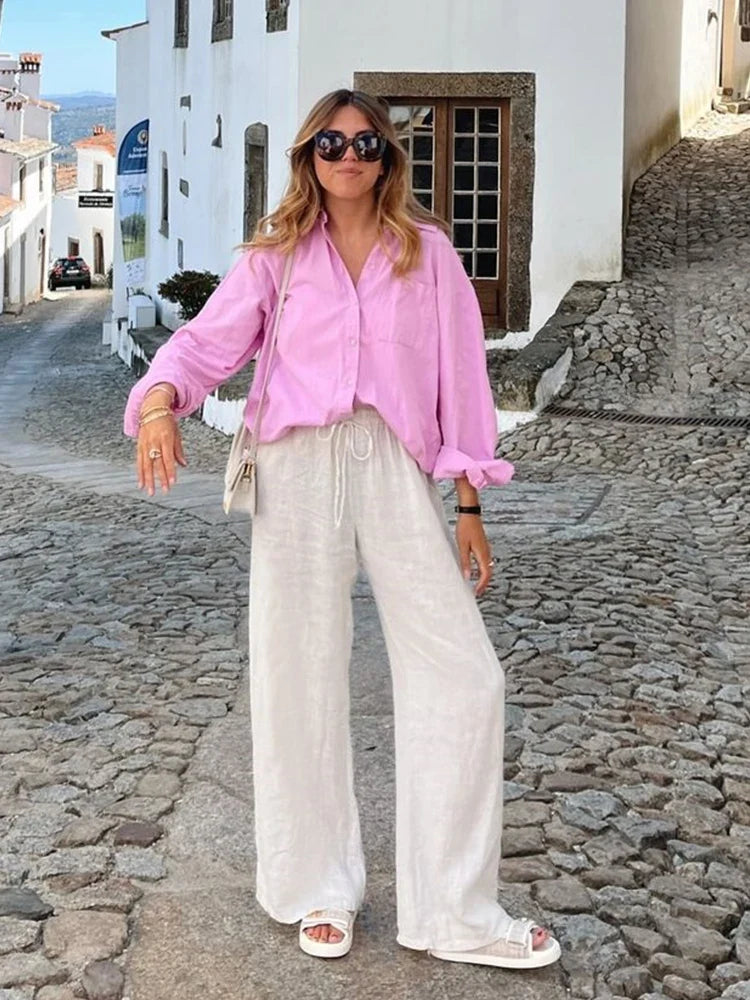 Drawstring Elastic Waist Wide Leg Summer Women Pants Beige Casual Loose Female Long Pantalones 2025 5 Colors Pants