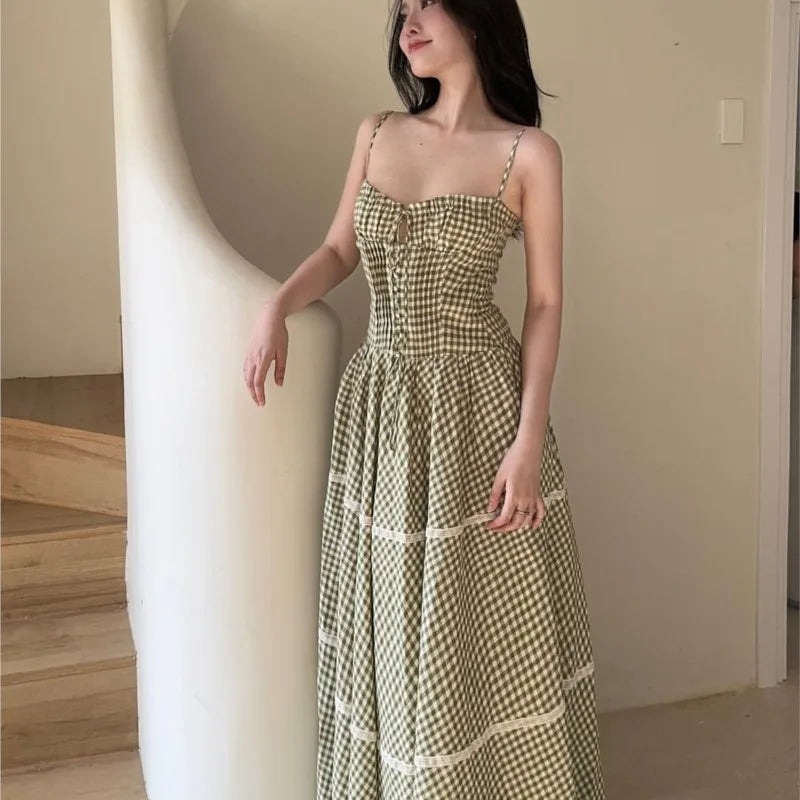Holiday Style Summer Women's Dress Lace Splicing Sweet Lace Waist Back Green Plaid Dresses Elegant Fashion Long Dress