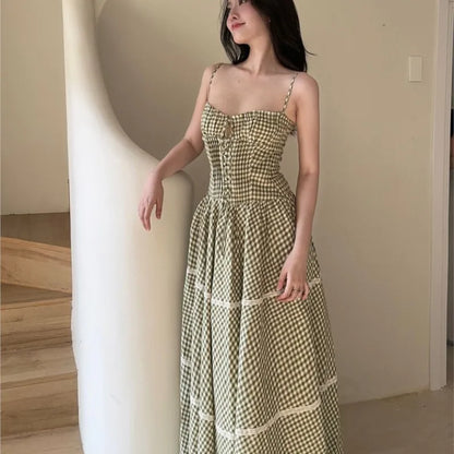 Holiday Style Summer Women's Dress Lace Splicing Sweet Lace Waist Back Green Plaid Dresses Elegant Fashion Long Dress