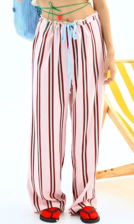 New Fashion Women Loose Pants Stripe Drawstring Elastic Waist Trousers Spring Summer Casual Sweatpants Hot Sale S M L