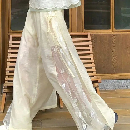 Cream Patched Lace Wide Leg Pants Cat Embroidered Chinese Style Sweet Short Sleeve Blouses Summer Two Piece Set Women Outfits