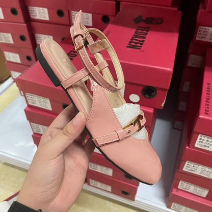 TAIVIMART  -  French Round Head One-Line Buckle Flat Shoes Women'S Gentle Style Ballet Shoes Back Empty Toe Sandals