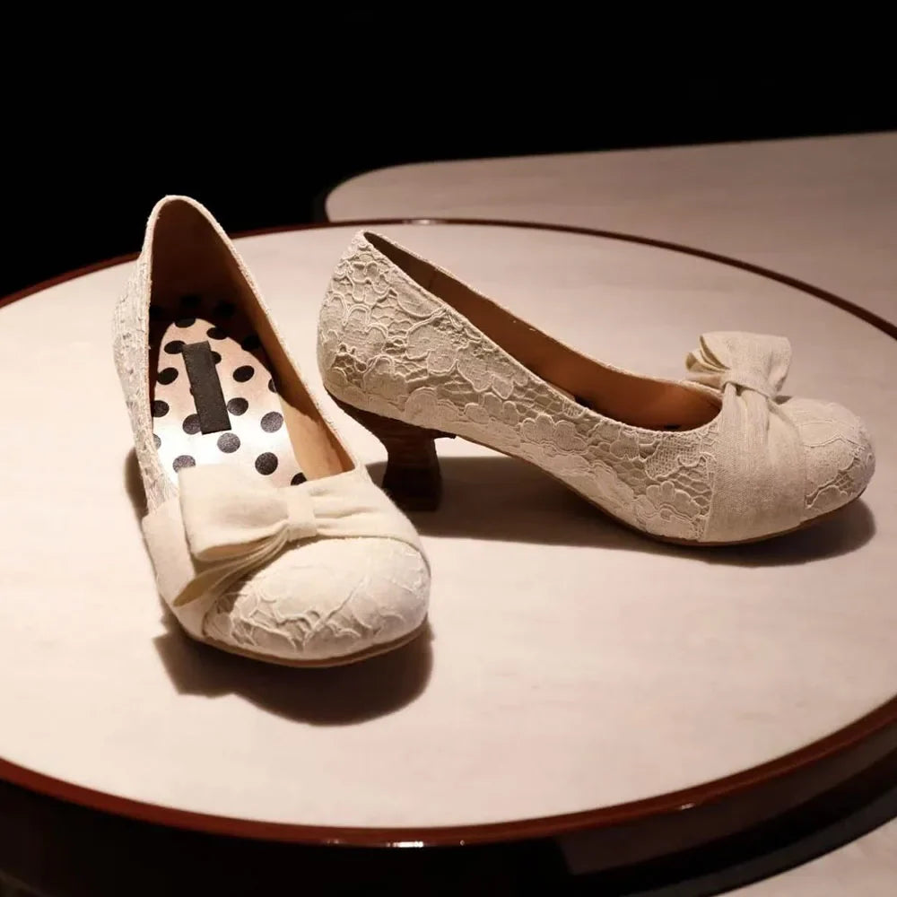 Spring New Round Toe Lace Bow High Heel Mary Janes Pumps Kitten Heel Sweet Walking Comfy Women Pumps Party Daily Shoes