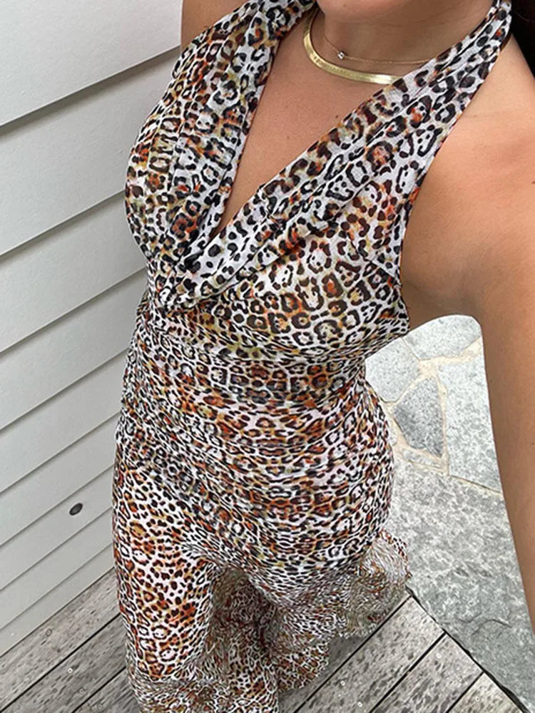 Leopard Print Backless Long Dress Women's Sexy Sleeveless Halter V-Neck Slim High Slit Pleated Evening Dress Long Dress
