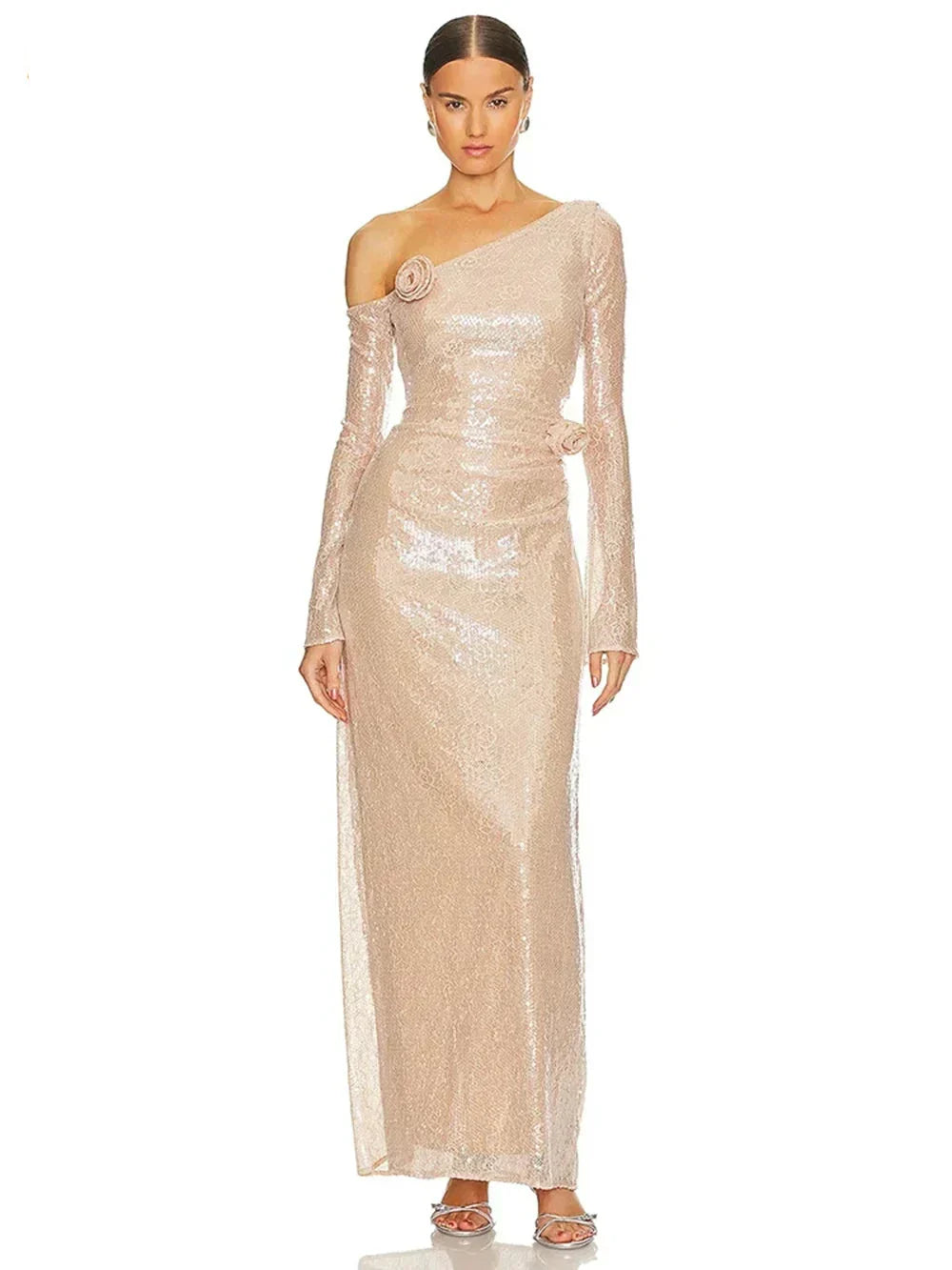 Sequin One-Shoulder Rosette Applique Long Sleeve Column Maxi Gown