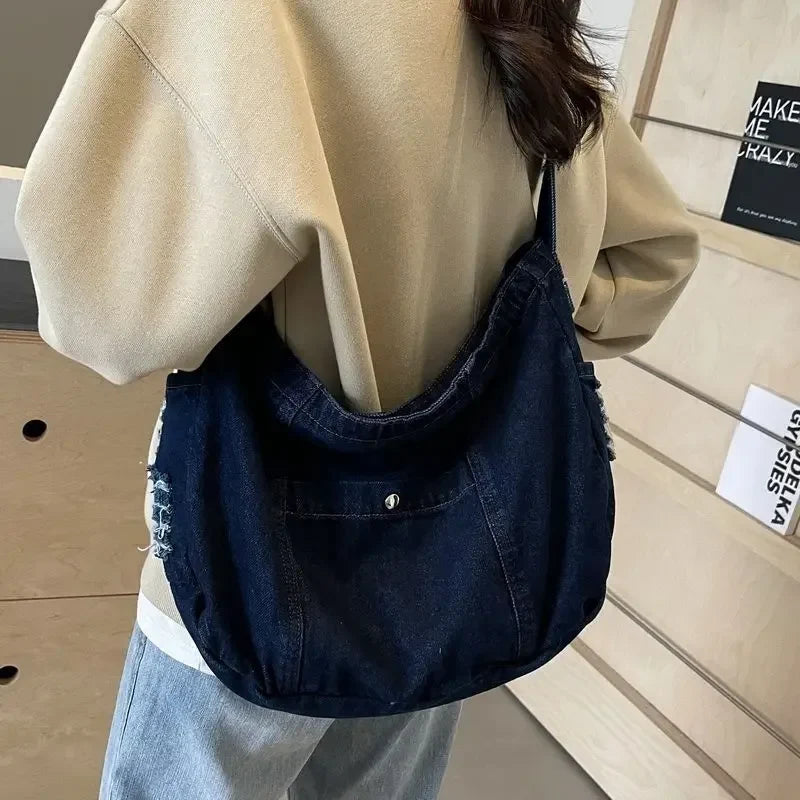Single Shoulder Denim Women Bag Casual Korean Versatile Outdoor Crossbody Large Capacity Bags