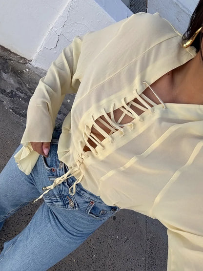 V-Neck Lace Up Waist Cinching Shirt Woman Casual Set Pleated Loose Solid Color Skirt Chic Elegant Versatile Baggy Women's Suits